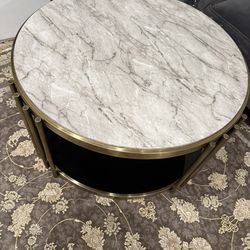Round Marble-Top Coffee Table with Gold Metal Frame & Glass Shelf