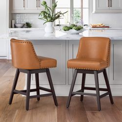 Yellowish-Brown 26.0-in H Counter height Upholstered Swivel Wood Bar Stool 2 -Pack