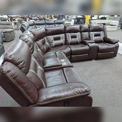 Brown Color Power Reclining Sectional Sofa Set with Cup Holder