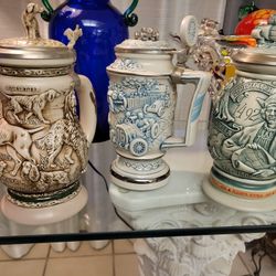 3 Beautiful Collectible Beer Steins. Will Make A Beautiful Christmas Gift For Anyone.