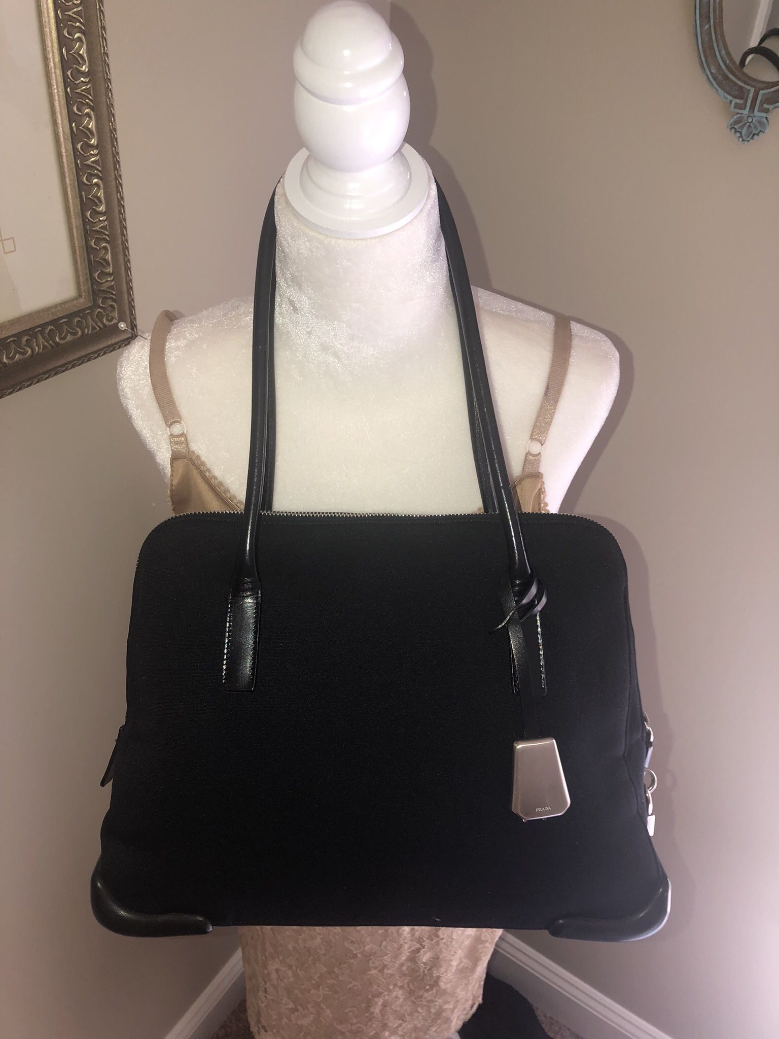 Authentic PRADA Made in Italy shoulder leather/ fabric Black bag