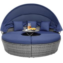 New-Round Outdoor Daybed with Canopy, Rattan Wicker Sectional Sofa Set w/Cushions, Height Adjustable Table, Conversation Bed Lounger Separated Seating