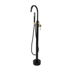 Akdy 1-Handle Freestanding Floor Mount Tub Faucet Bathtub Filler with Hand Shower in Matte Black and Gold