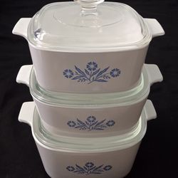 3 Vtg Corning Ware Blue Cornflower Casserole Dishes 1.5 Qt(2) & 1.75 Qt W/ Lids