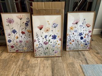 Beautiful 3 pc 16x24 wood framed boho floral canvas wall art