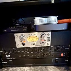 Studio Gear Rack Mount Cabinet Avalon Preamp Power Conditioner Denon Mixer Neumann TLM102 Mic Adam Audio A77X pair Studio Monitors Yamaha HS8S Sub
