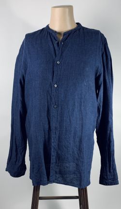 Banana Republic Navy Linen Shirt CAMDEN FIT Collarless Long Sleeve SHIRT! Size L