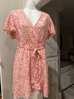 Coral Red Ditsy Floral Wrap Dress Women's Medium Flutter Sleeve Tie Waist Ruffle Hem