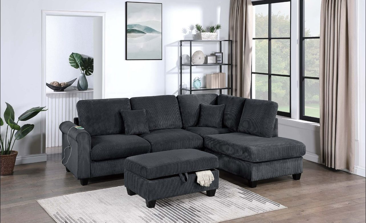 3-Piece Sectional Set RAF Chaise + LAF Sofa W/ USB Port + Storage Ottoman