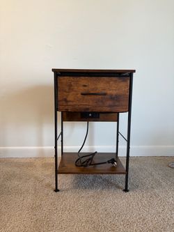 WLIVE Black Nightstand with Charging Station, Fabric Drawer and Shelf