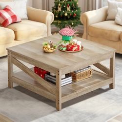 Farmhouse Coffee Table with Shelf, 2-Tier Center Table for Living Room
