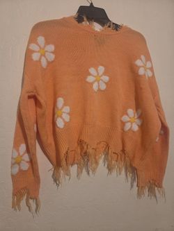 Orange Daisy Knit Fringe Crop Sweater