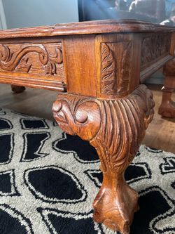 Engraved oak table set. 2 end tables  & coffee table. High Quality