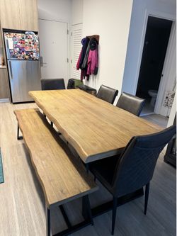 Rustic Live-Edge Dining Table Set – Table, Bench & 4 Gray Chairs