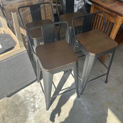 Set of 4 Industrial Metal Bar Stools – Dark Wood Seats – 24.5” Tall