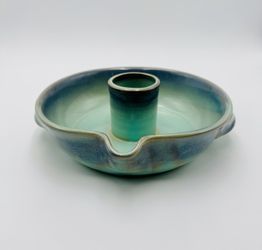 Beautiful Green  Blue Clay Pottery Upright Oven Poultry Roaster Excellent Shape