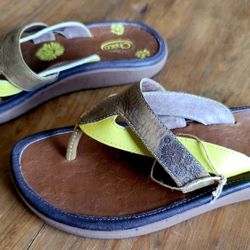 CHACO Women's Harper Celery Flip Flop Sz 7 Brown/Green Leather Thong Flat Sandal