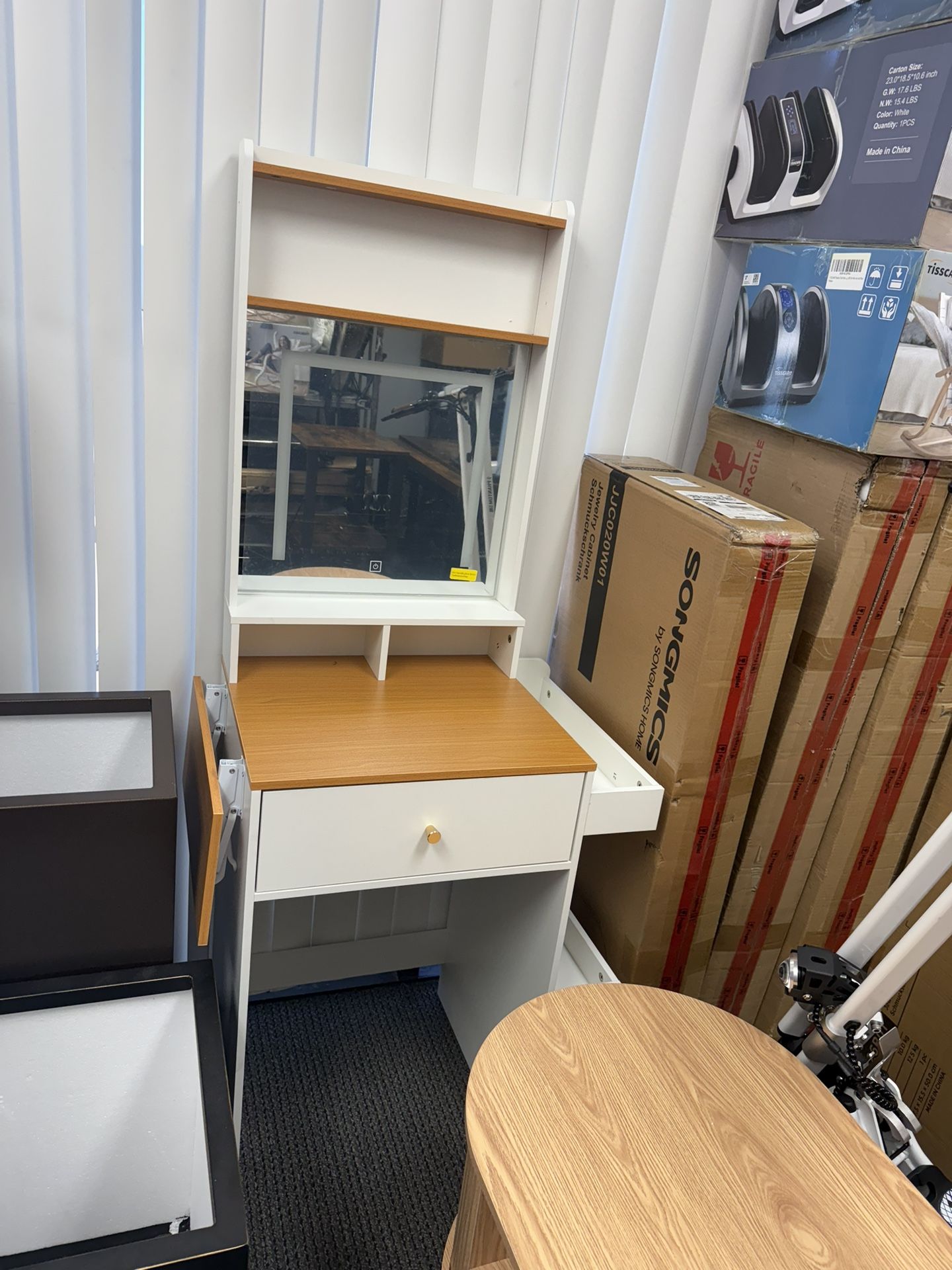 Small Vanity Desk with Mirror and Lights - Compact Makeup Dressing Table with Fold-up Panel & Side Storage Shelf for Small Spaces, 