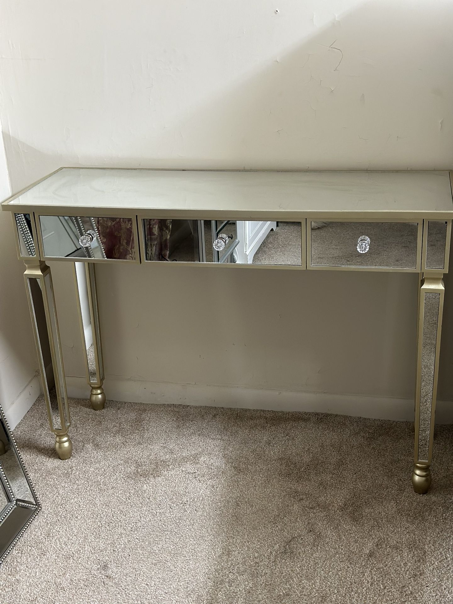 Gold Mirrored Glass Bedside Table with Drawers for Bedroom Mirrored Vanity Desk for Home Office Writing Desk (3 Drawers - 42x15x30)