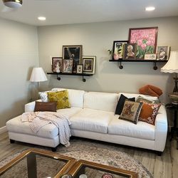 Living Spaces 4 seater white fabric L shape couch sofa chaise lounge