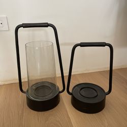 Pair Of Black Iron & Glass Hurricane Candle Holders