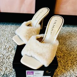 Pretty Little Thing Faux Fur Cream Heels