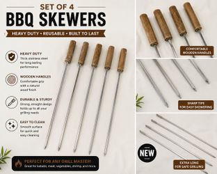 Set of 4 Heavy Duty Stainless Steel BBQ Skewers with Wooden Handles – Reusable Grill Kabob Sticks