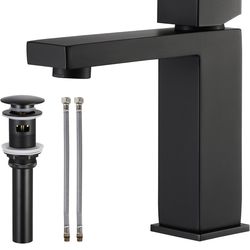 KES Grifo de baño negro y desagüe de lavabo de baño con desbordamiento, grifo de un solo orificio certificado por cUPC con tapón de drenaje desplegabl