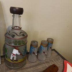 Vintage Mexican Hand-Painted Tequila Decanter Set (1 Bottle + 3 Glasses) 