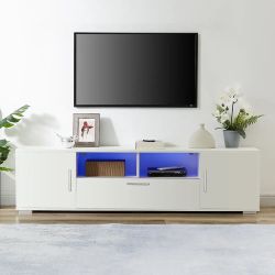 QUICK ASSEMBLE White Modern TV Stand with LED Lights – Fits up to 75” TV