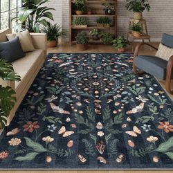Insect Botanical Area Rugs Living Room Bedroom Dining Room 8x10 Black Non Slip, Washable, Indoor, Boho, Under Table, Home Office, Throw, Carpet, Playr