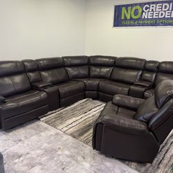 Leather Brown Recliner Sectional With Single Recliner 