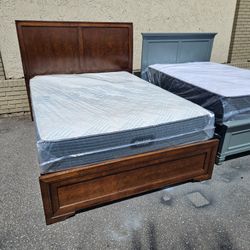 Brown Cherry Queen Size Belcourt Bed Frame With Brand New Queen Size Plush Beautyrest Mattress And Box Spring In Plastic 