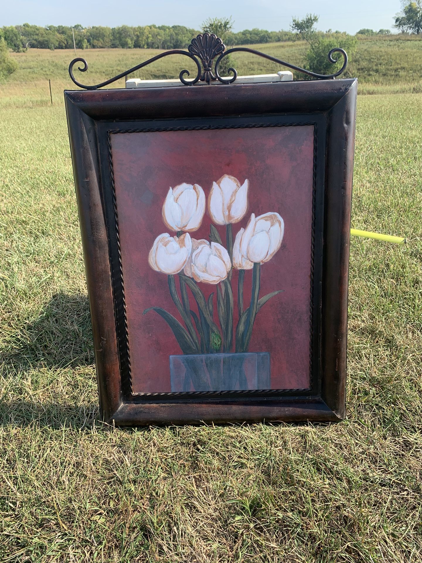 20lb Framed painting Of white Irises On Metal with Metal Frame 27x39