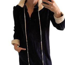 Vtg C B KAYE Robe Loungewear Navy Blue  Velvet Velour Satin Trim 3/4 Zip Down M   47” length Pit to pit 21” across with zipped