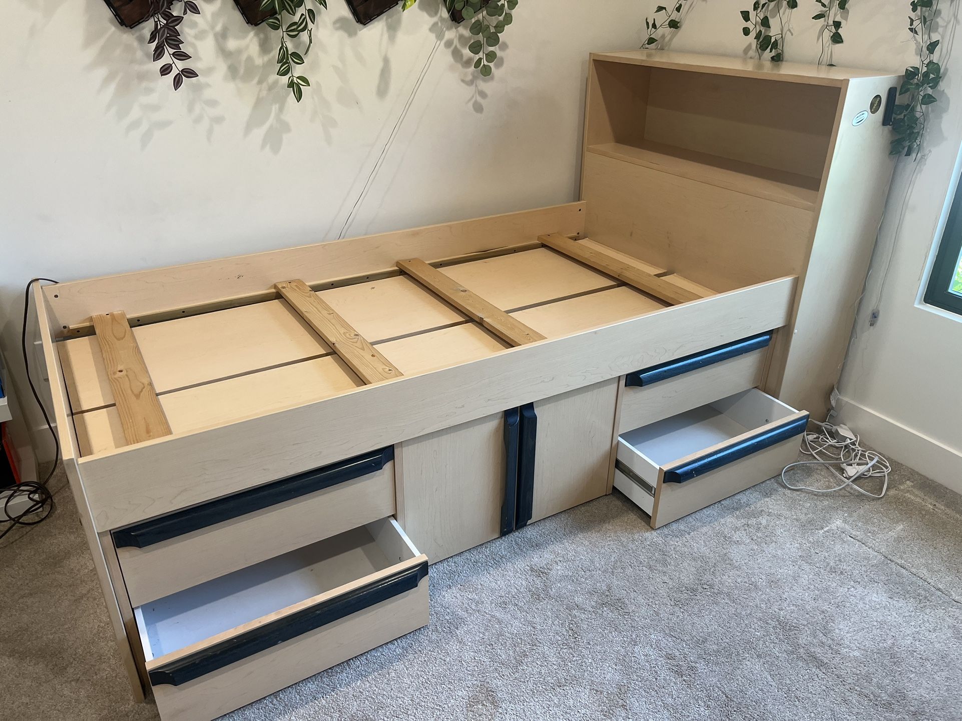 Boys Wooden Twin Bed With Drawers And Bookshelf Headboard