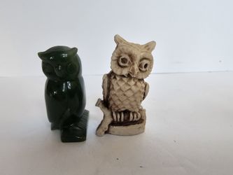 Pair of Vintage Owl Figurines – Stone & Carved-Style Resin