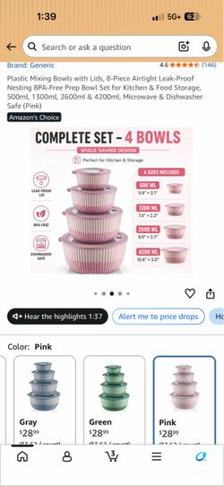 Pink 8 Piece Plastic Mixing Bowl Set