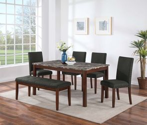 Brand new brown faux marble dining table + 3 gray or biege linen chairs + bench