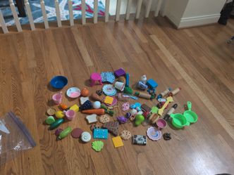 Toy food, utensils, and basket