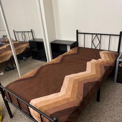Bed Frame Along With Mattress With Side Table 