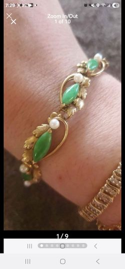 Very Old 14k Gold Bracelet With Real Jade And Real Pearls