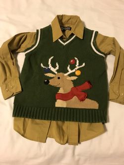 2 piece green dog deer Christmas vest green dress shirt size 5t