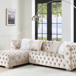 Brand New Beige Velvet L-shaped Sectional