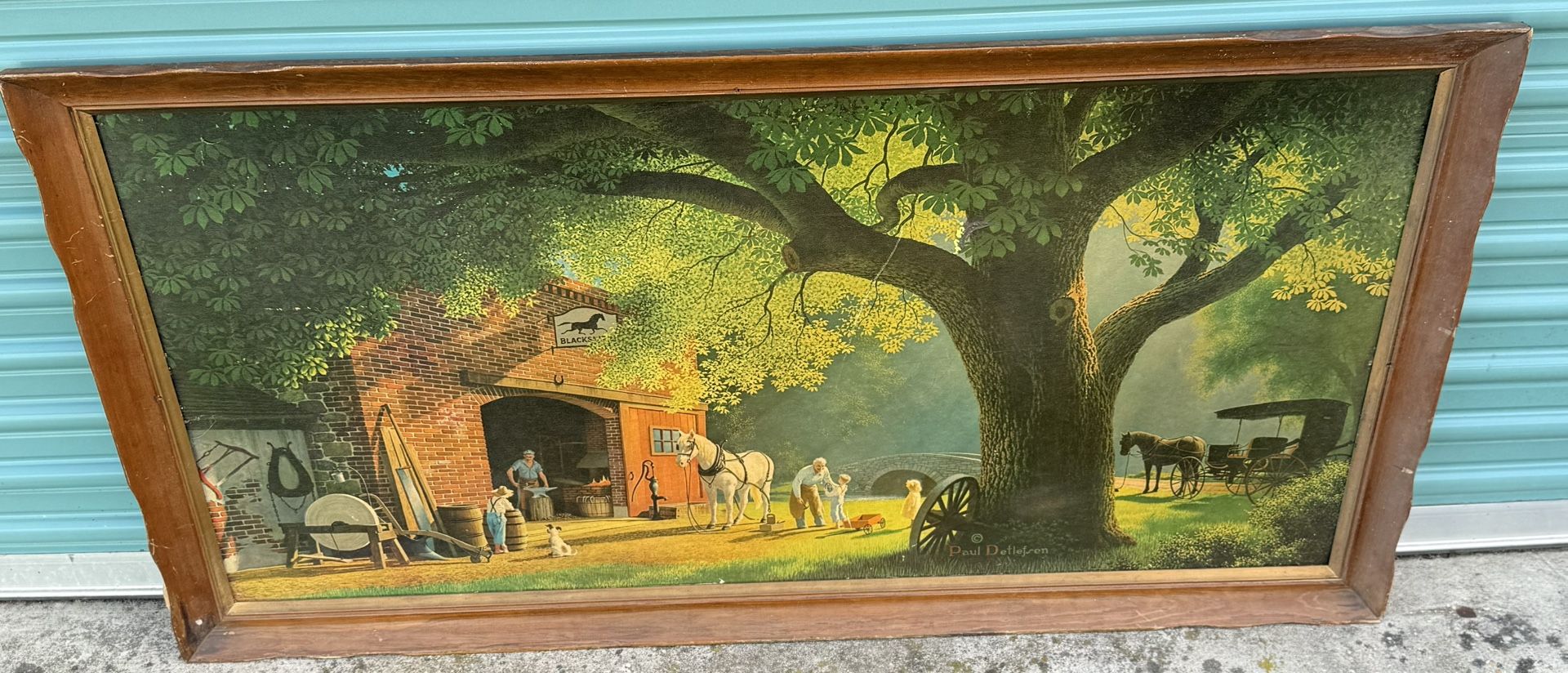 Vintage Paul Detlefsen “The Blacksmith Shop” Framed Art Print – 52x27 Americana Farm Scene