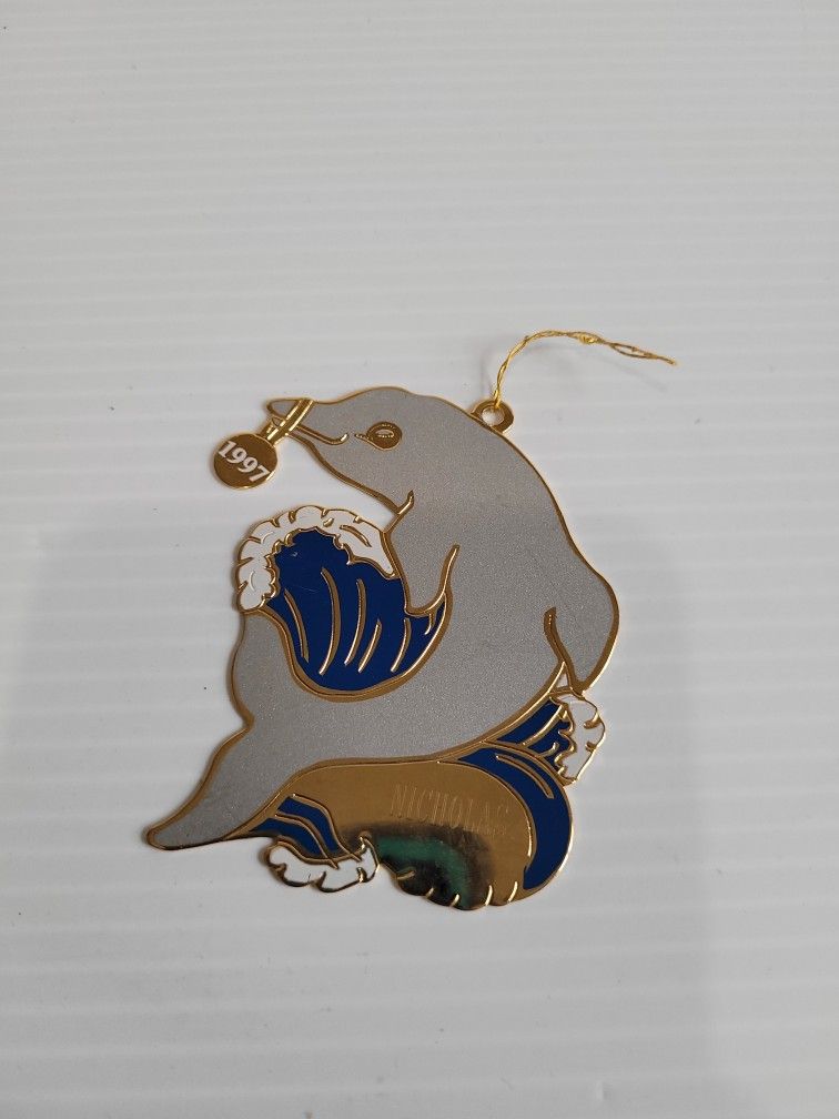 Vintage 1998 Gloria Duchin Christmas Ornament 3" Dolphin "NICHOLAS" Gold EUC.
