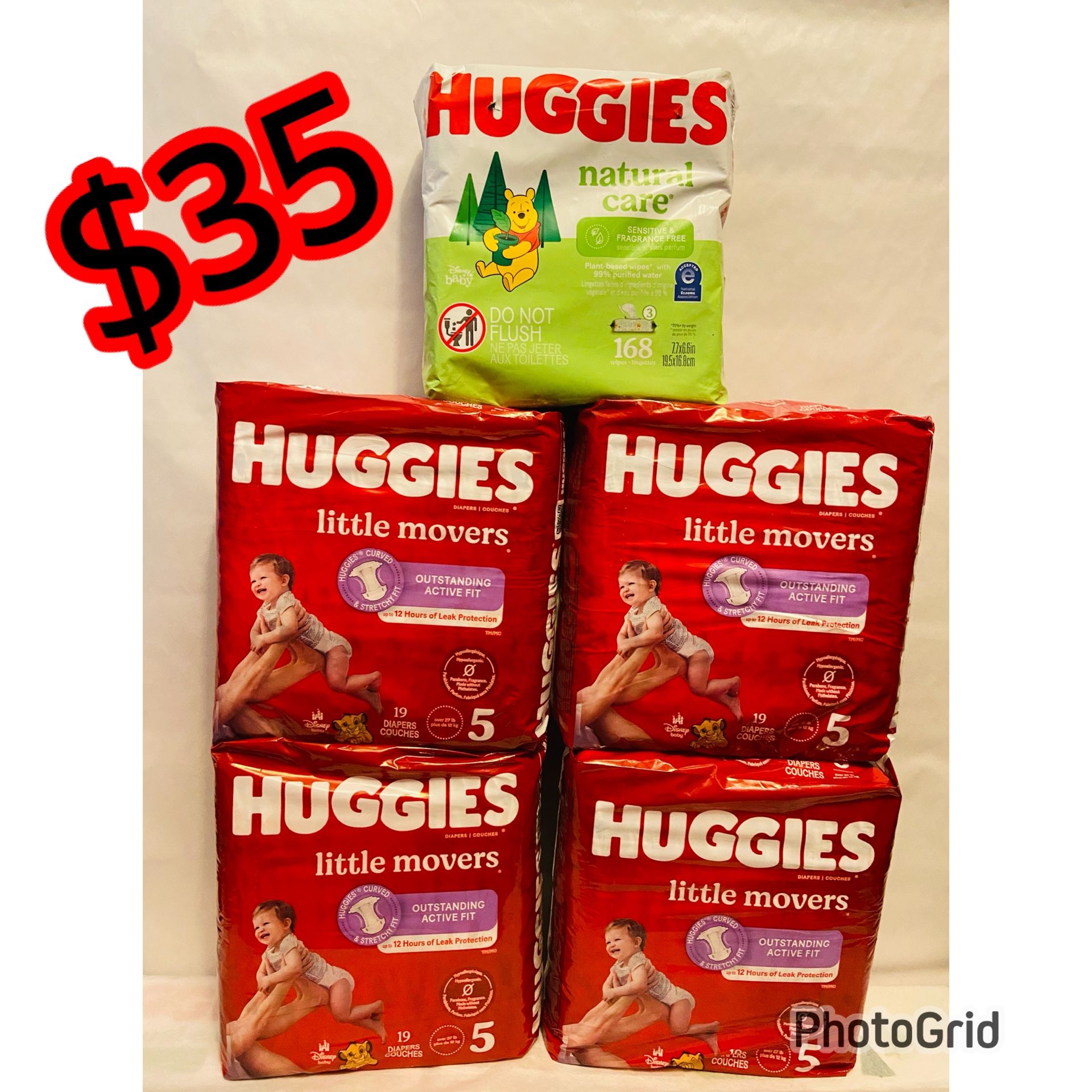 (4) Huggies little movers size 5 (19ct) & Huggies natural care (168ct)