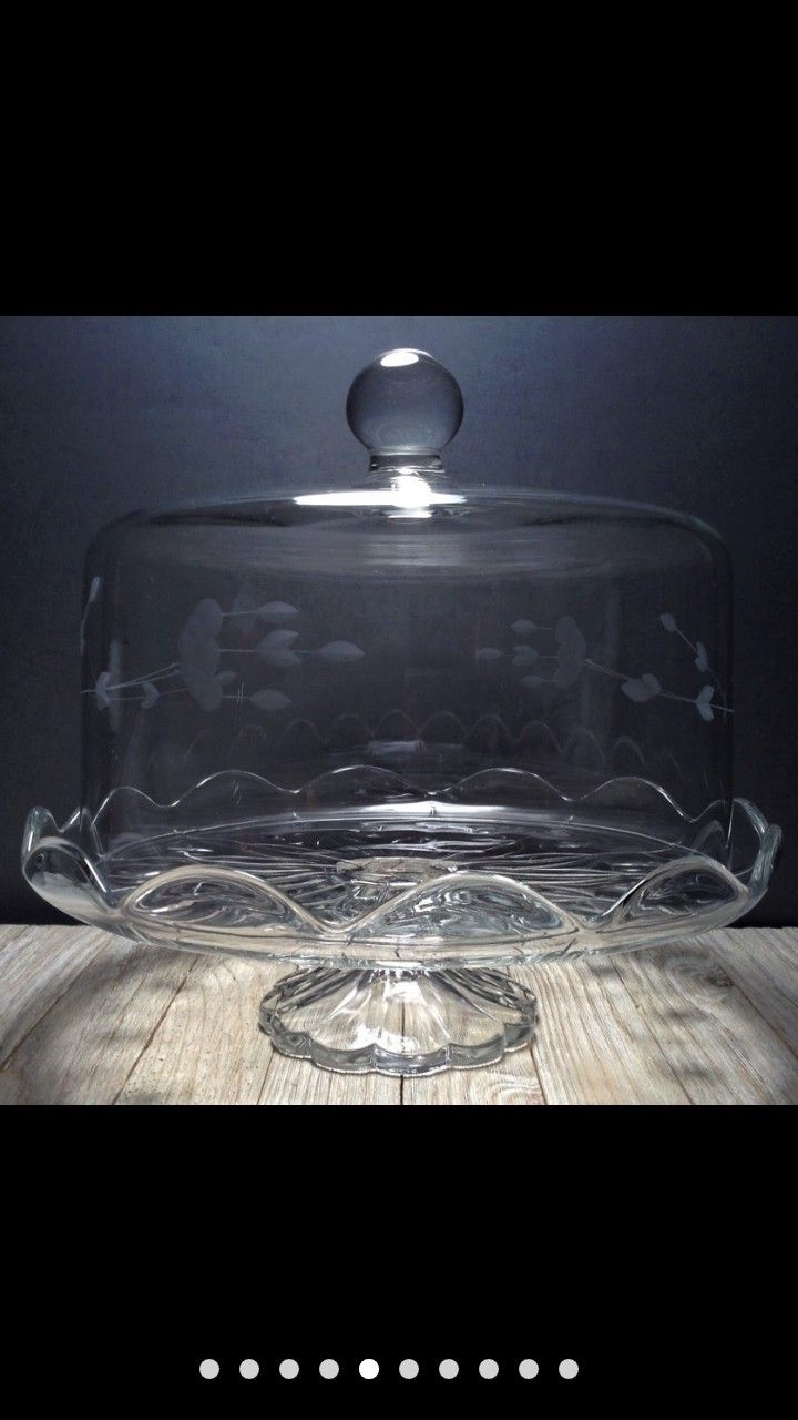 Princess House Crystal Heritage 12.5" Cake Stand w/ Dome Lid, Vintage Pedestal Cake Plate, Floral Etched Glass, Scalloped Covered Cake Stand