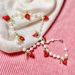 fresh water pearl and handmade strawberry necklace