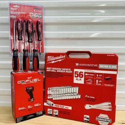 Milwaukee 56pc 3/8” tool set and m18 3/8” compact impact wrench with 6pc screwdriver set